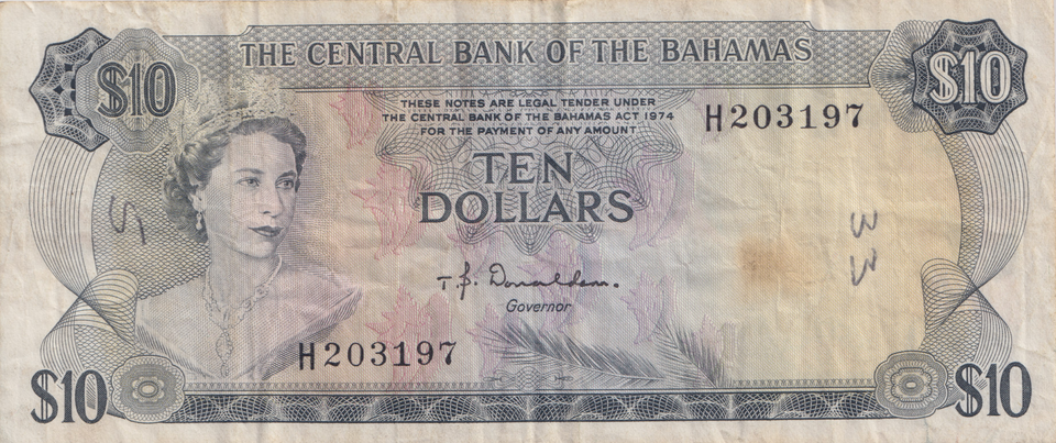 1974 TEN DOLLARS BAHAMAS BANKNOTE REF-1762