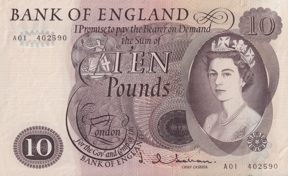 TEN POUNDS BANKNOTE HOLLOM REF £10-1 ( EF )