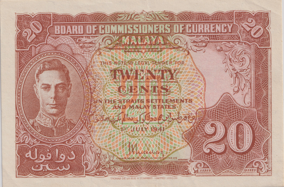 1941 TWENTY CENTS MALAYA BANKNOTE REF-1833