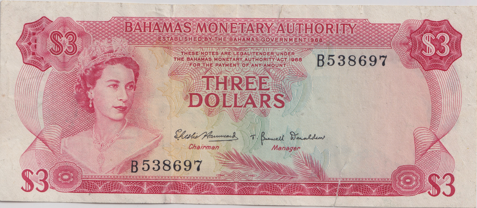 1968 THREE DOLLARS BAHAMAS BANKNOTE REF-1756