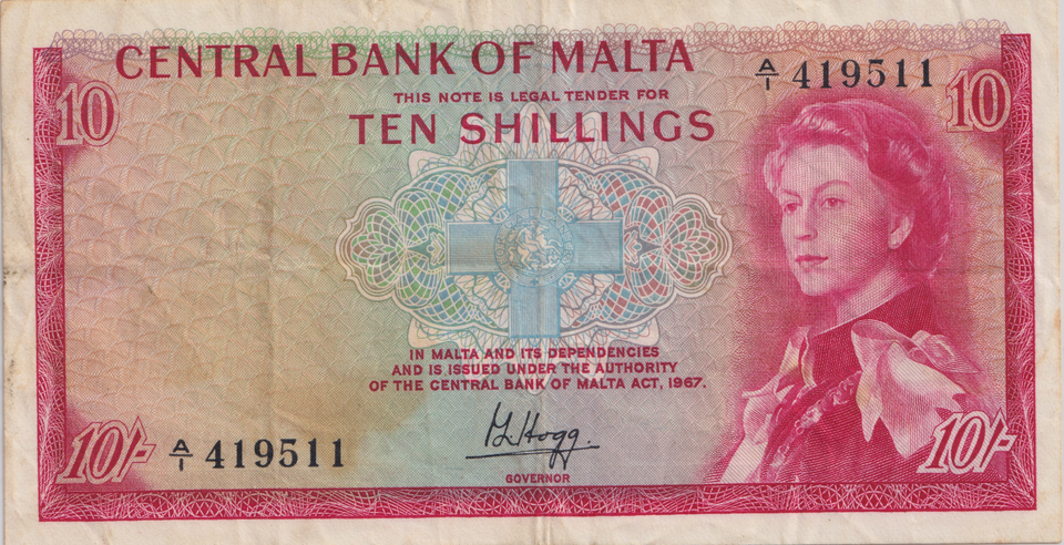 1967 TEN SHILLINGS MALTA BANKNOTE REF-1827