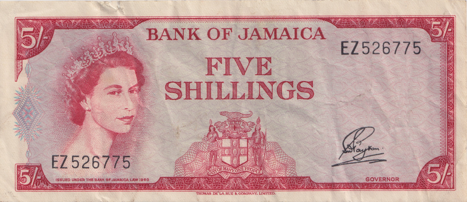 1960 FIVE SHILLINGS JAMAICA BANKNOTE REF-1821