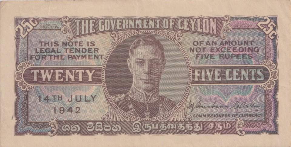 1942 TWENTY FIVE CENTS CEYLON BANKNOTE REF-1777