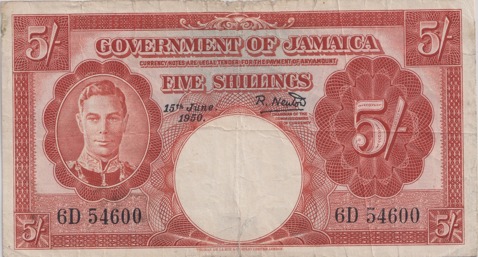 1950 FIVE SHILLINGS JAMAICA BANKNOTE REF-1825