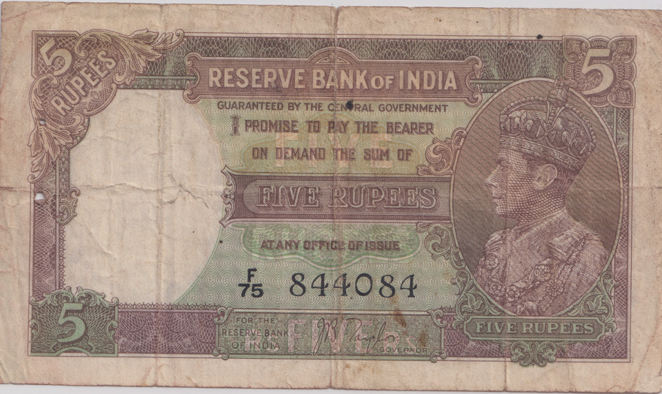 1937 FIVE RUPEES INDIA BANKNOTE REF-1817
