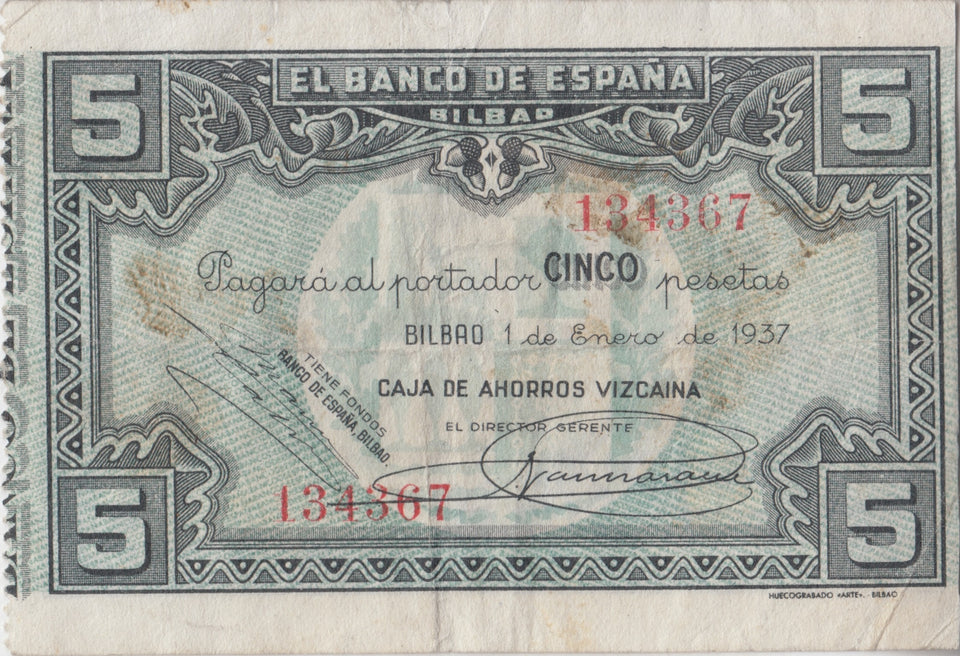 1937 5 PESTAS BANKNOTE SPAIN REF-1631