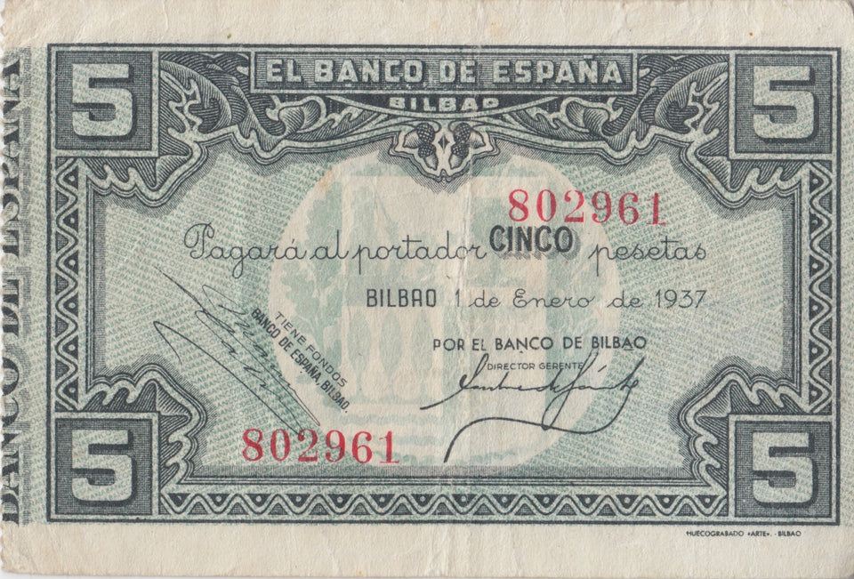 1937 5 PESTAS BANKNOTE SPAIN REF-1632