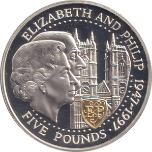 1997 SILVER PROOF 5 POUNDS GUERNSEY ELIZABETH AND PHILLIP