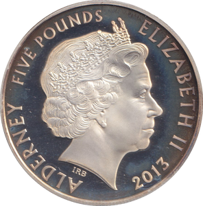 2013 SILVER PROOF FIVE POUNDS ALDERNEY COMPANION OF THE QUEEN