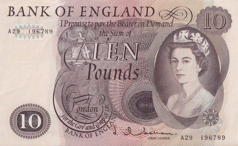 TEN POUNDS BANKNOTE HOLLOM REF £10-3 ( AUNC )