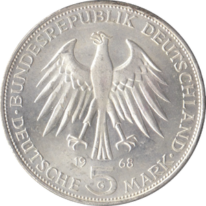 1968 JOHANNES GUTENBERG GERMANY SILVER 5 MARKS