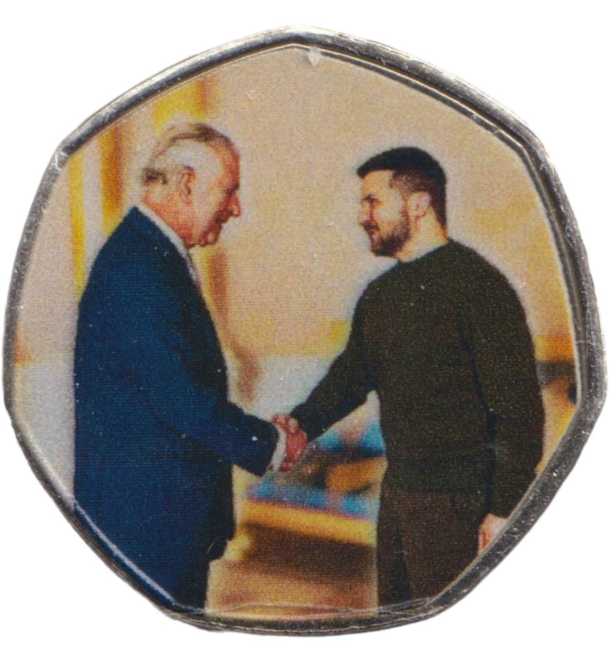 2023 50P SHAPED COIN LONG TO REIGN OVER US CHARLES III AND VOLODYMYR ZELENSKYY