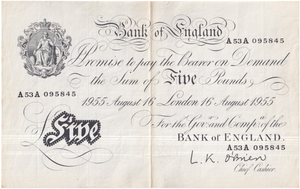 1955 WHITE FIVE POUND NOTE AUGUST 16TH LONDON BANK OF ENGLAND O'BRIEN W£5-44