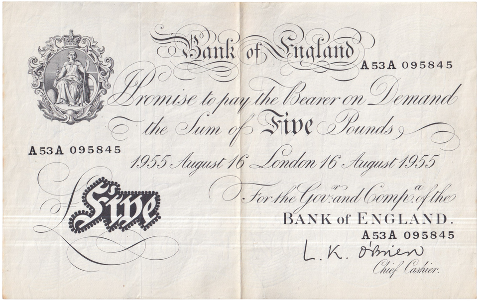 1955 WHITE FIVE POUND NOTE AUGUST 16TH LONDON BANK OF ENGLAND O'BRIEN W£5-44