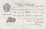 1955 WHITE FIVE POUND NOTE AUGUST 16TH LONDON BANK OF ENGLAND O'BRIEN W£5-44