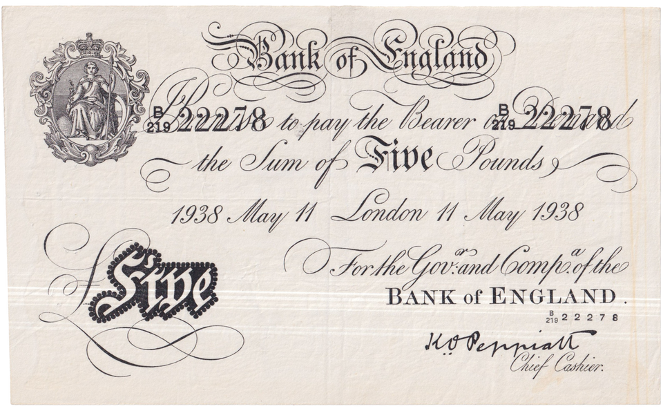 1938 WHITE FIVE POUND NOTE MAY 11TH LONDON BANK OF ENGLAND PEPPIATT OPERATION BERNHARD B5-£5