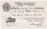 1938 WHITE FIVE POUND NOTE MAY 11TH LONDON BANK OF ENGLAND PEPPIATT OPERATION BERNHARD B5-£5