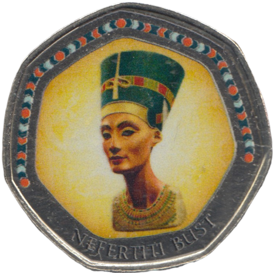 2003 50P SHAPED MEDALLION NEFERTITI BUST DISCOVERIES OF EGYPT