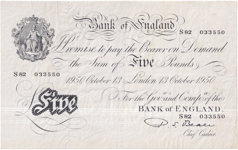 1950 WHITE FIVE POUND NOTE OCTOBER 13TH LONDON BANK OF ENGLAND BEALE W£5-48