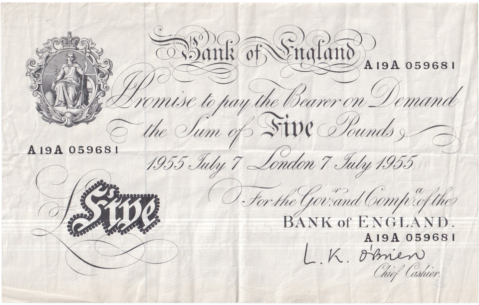 1955 WHITE FIVE POUND NOTE JULY 7TH LONDON BANK OF ENGLAND O'BRIEN W£5-49