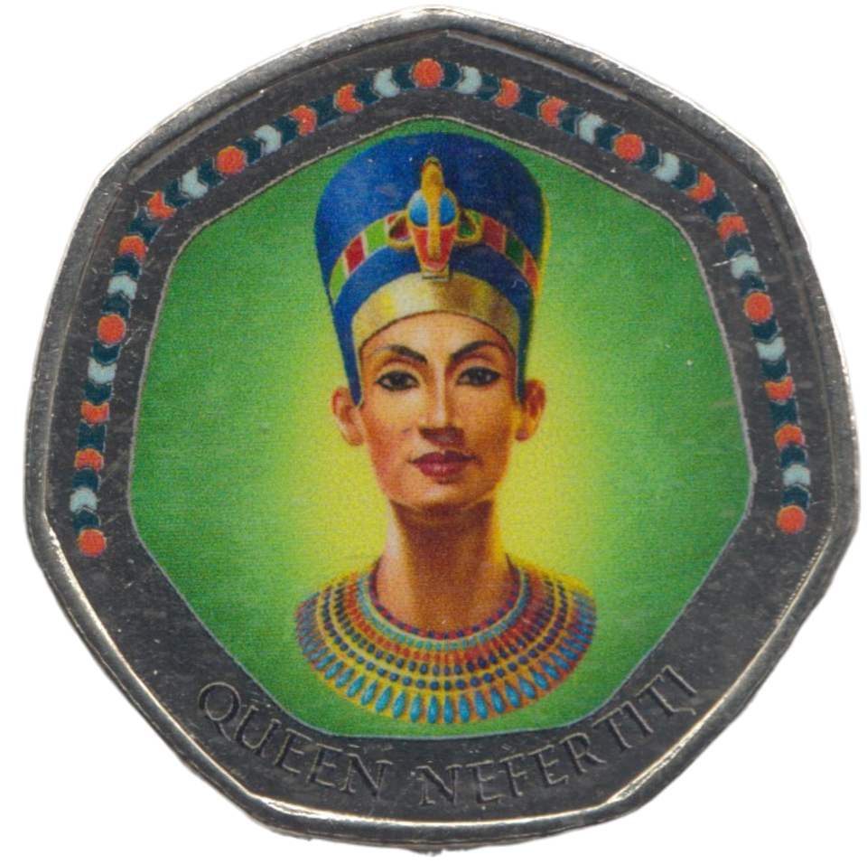 2003 50P SHAPED MEDALLION QUEEN NEFERTITI DISCOVERIES OF EGYPT