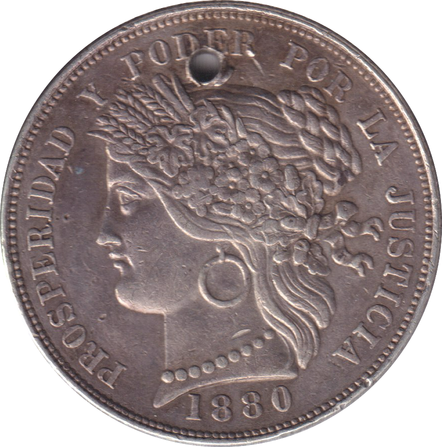 1880 SILVER HOLED 5 PESETAS PERU