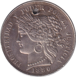 1880 SILVER HOLED 5 PESETAS PERU
