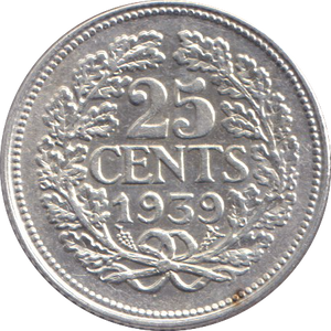 1939 SILVER 25 CENTS NETHERLANDS