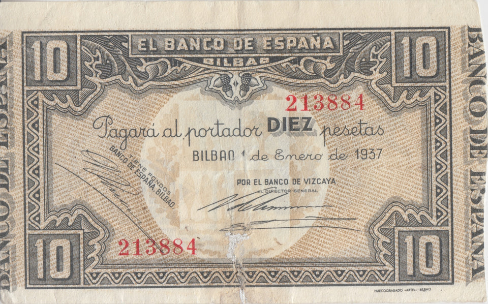 1937 10 PESTAS BANKNOTE SPAIN REF-1629