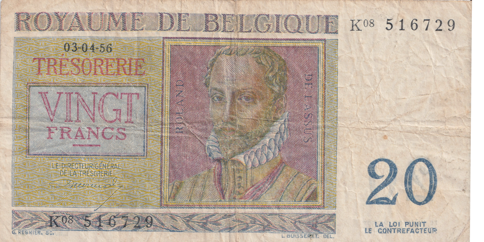 1956 BELGIUM 20 FRANCS BANKNOTE REF-1692