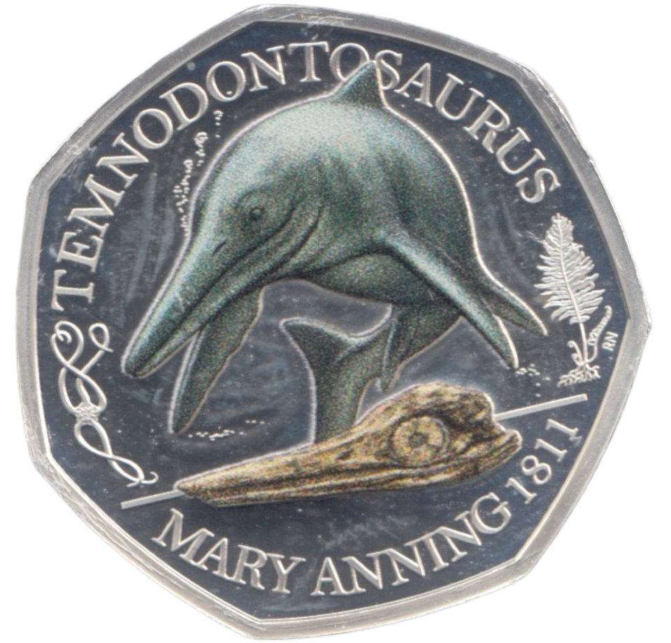 2021 SILVER PROOF COLOURED 50 P TEMNODONTOSAURUS