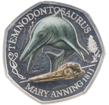 2021 SILVER PROOF COLOURED 50 P TEMNODONTOSAURUS