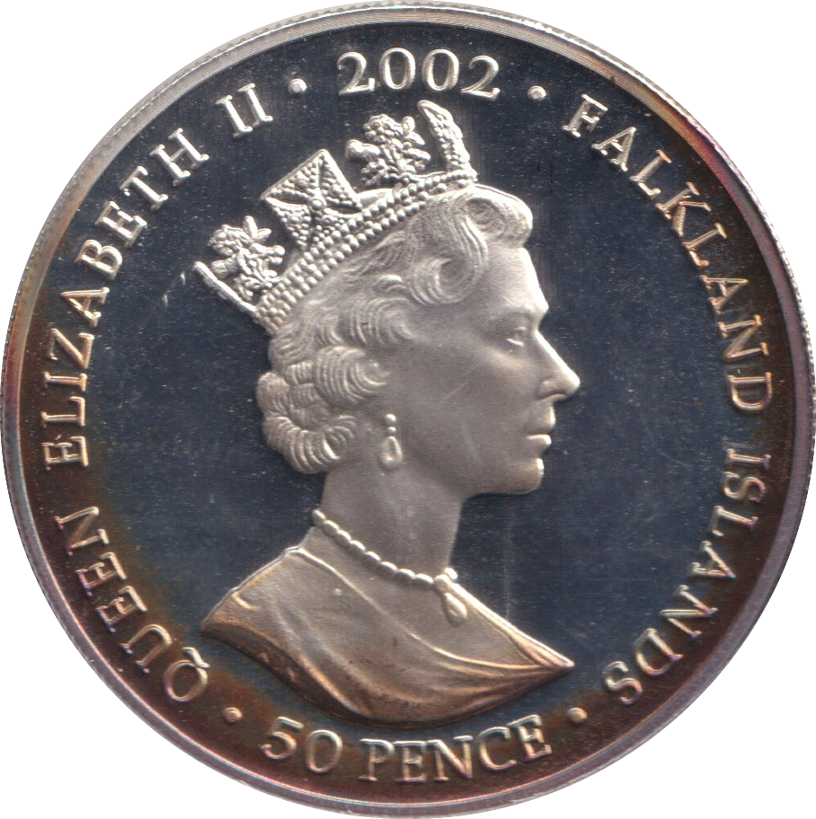 2002 SILVER PROOF THE GOLDEN JUBILEE FIVE POUND FALKLAND ISLANDS
