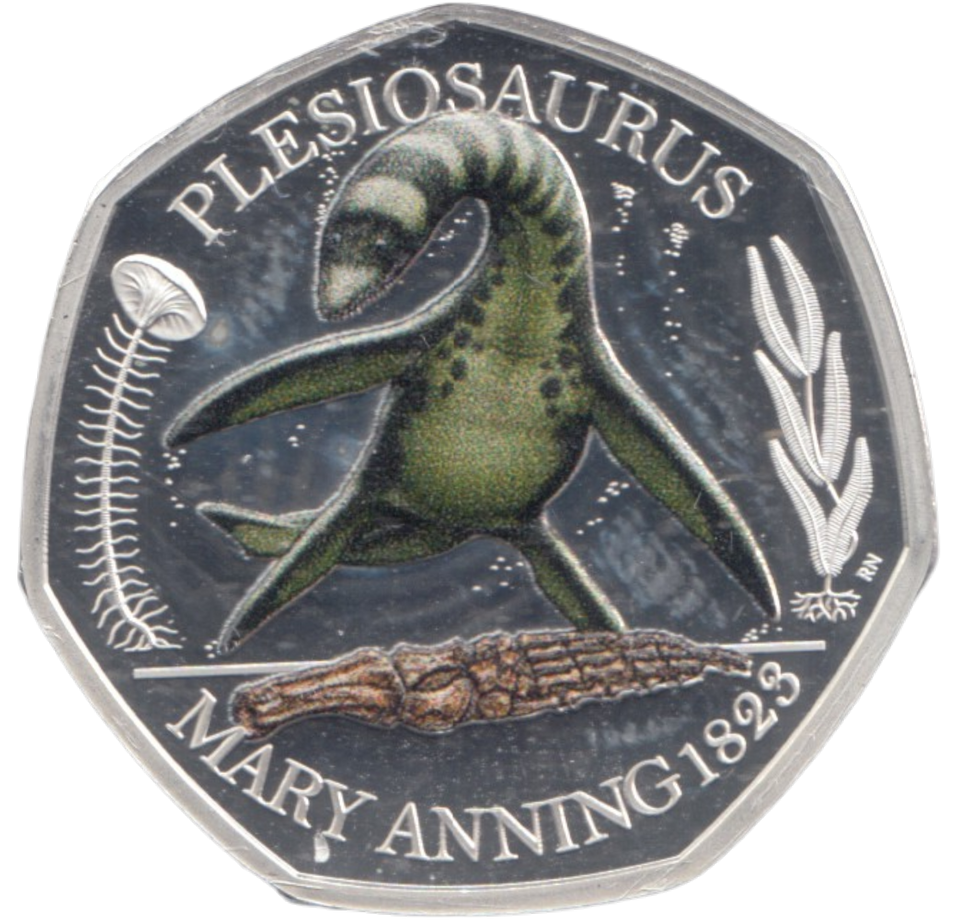 2021 SILVER PROOF COLOURED 50 P PLESIOSAURUS