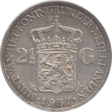 1937 SILVER 2 1/2 GUILDER NETHERLANDS