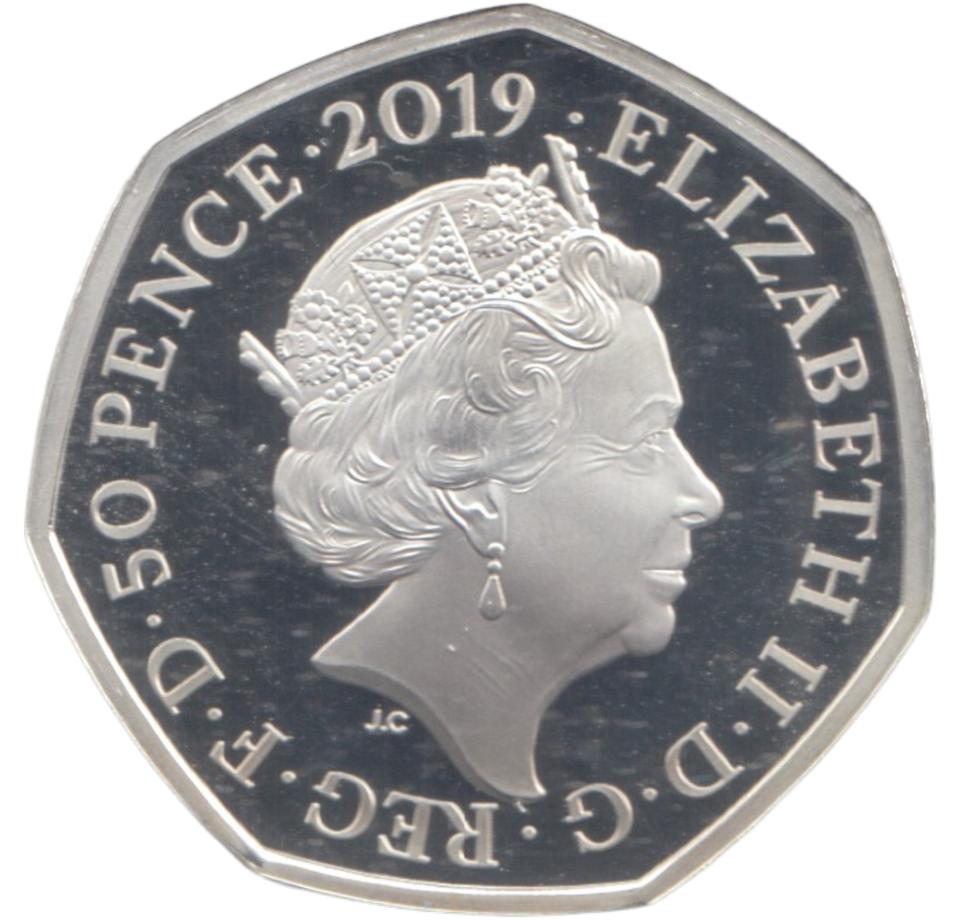 2019 SILVER PROOF COLOURED 50 P PETER RABBIT