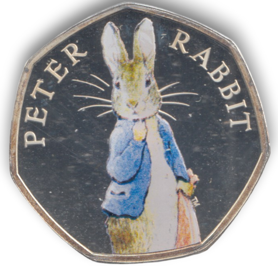 2019 SILVER PROOF COLOURED 50 P PETER RABBIT