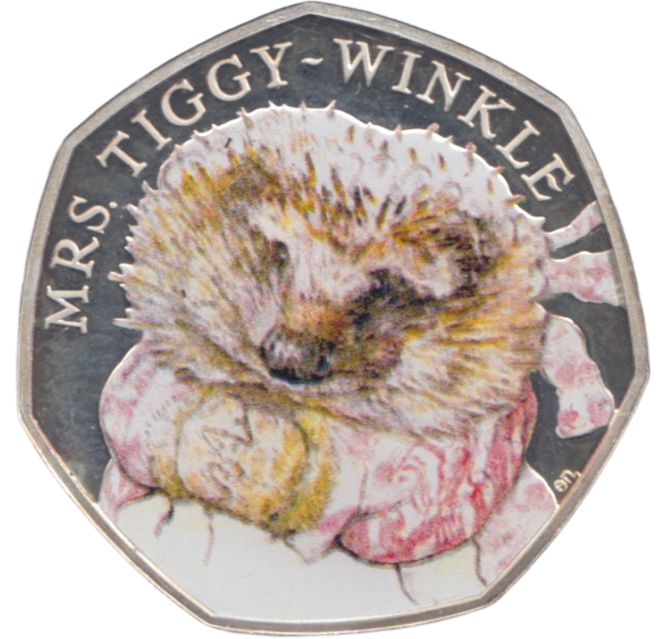 2016 SILVER PROOF COLOURED 50 P MRS TIGGY WINKLE