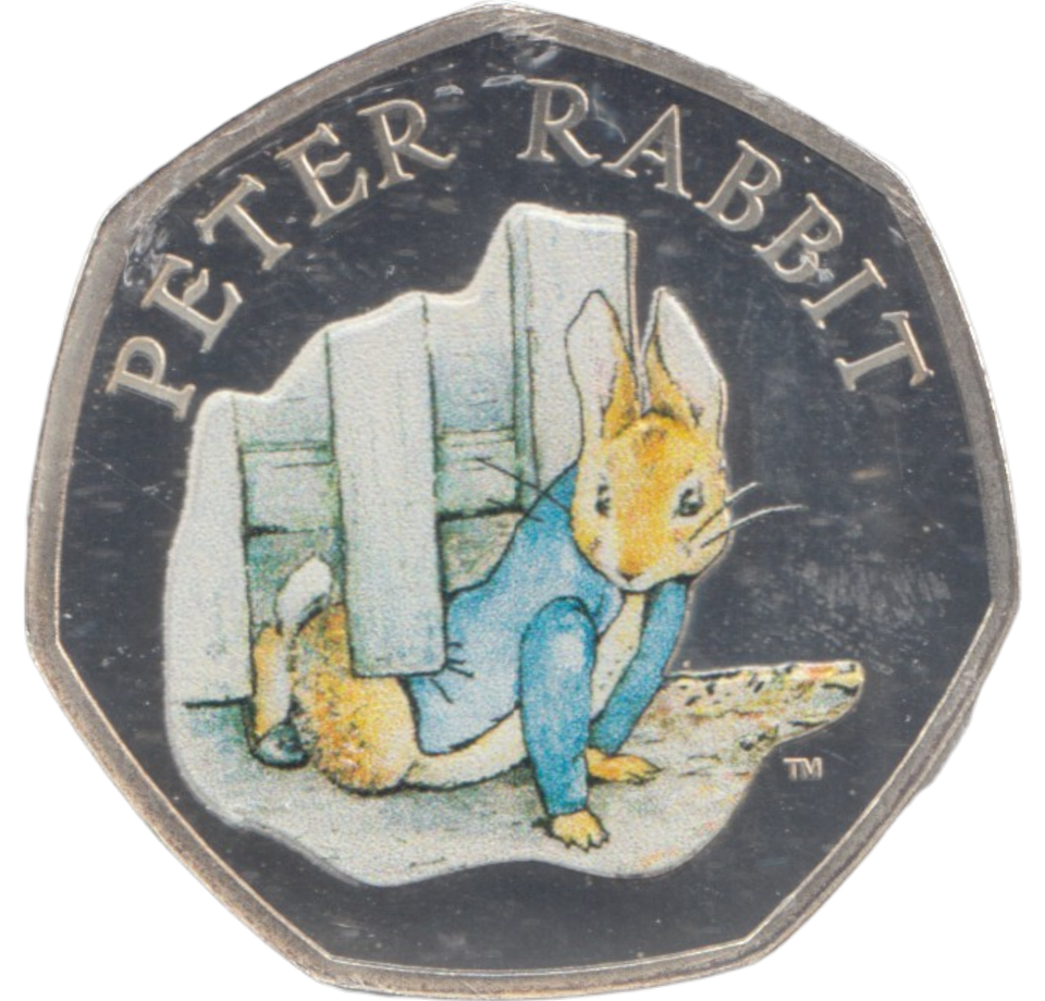 2020 SILVER PROOF COLOURED 50 P PETER RABBIT