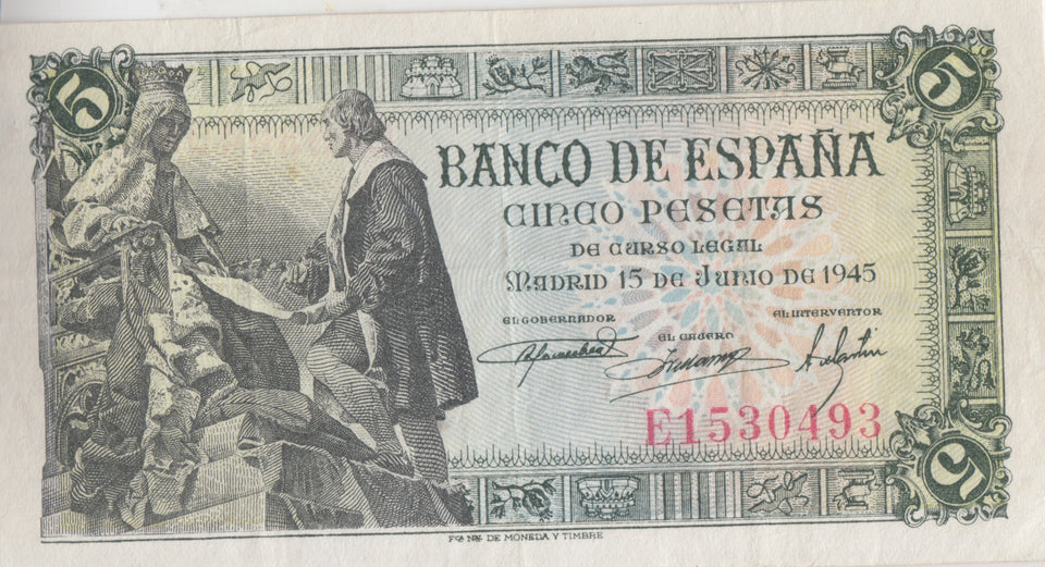 1945 5 PESTAS BANKNOTE SPAIN REF-1624