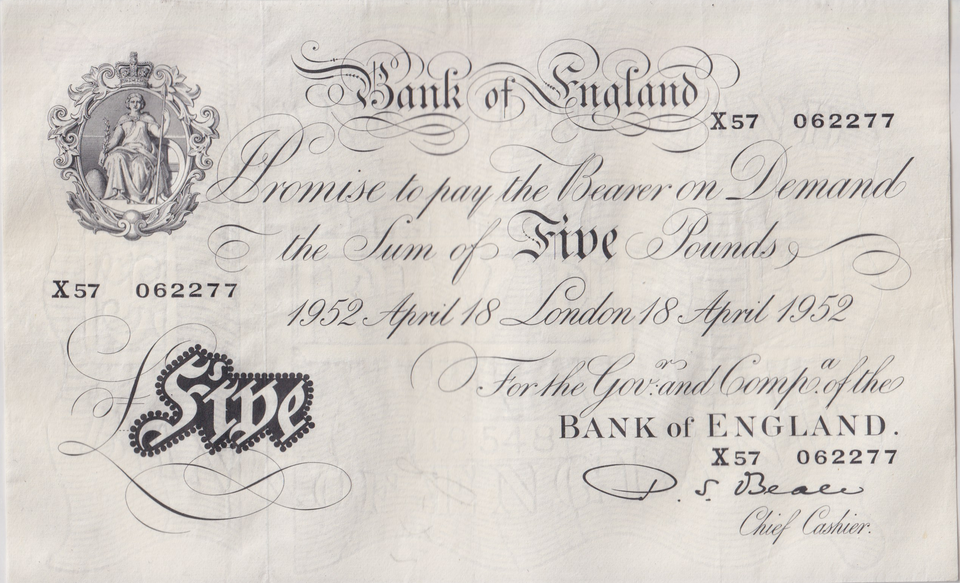 1952 WHITE FIVE POUND NOTE APRIL 18 LONDON BANK OF ENGLAND BEALE W£5-46