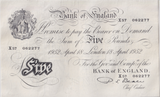 1952 WHITE FIVE POUND NOTE APRIL 18 LONDON BANK OF ENGLAND BEALE W£5-46