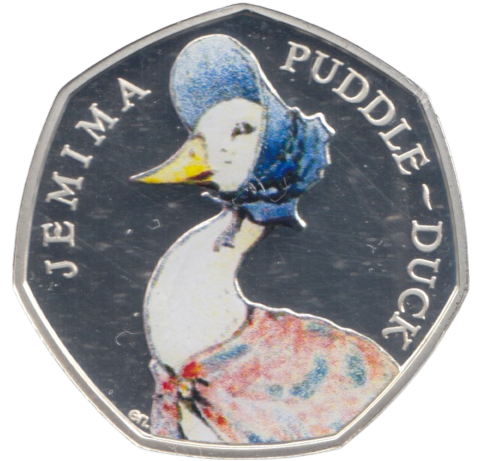 2016 SILVER PROOF COLOURED 50 P JEMIMA PUDDLEDUCK