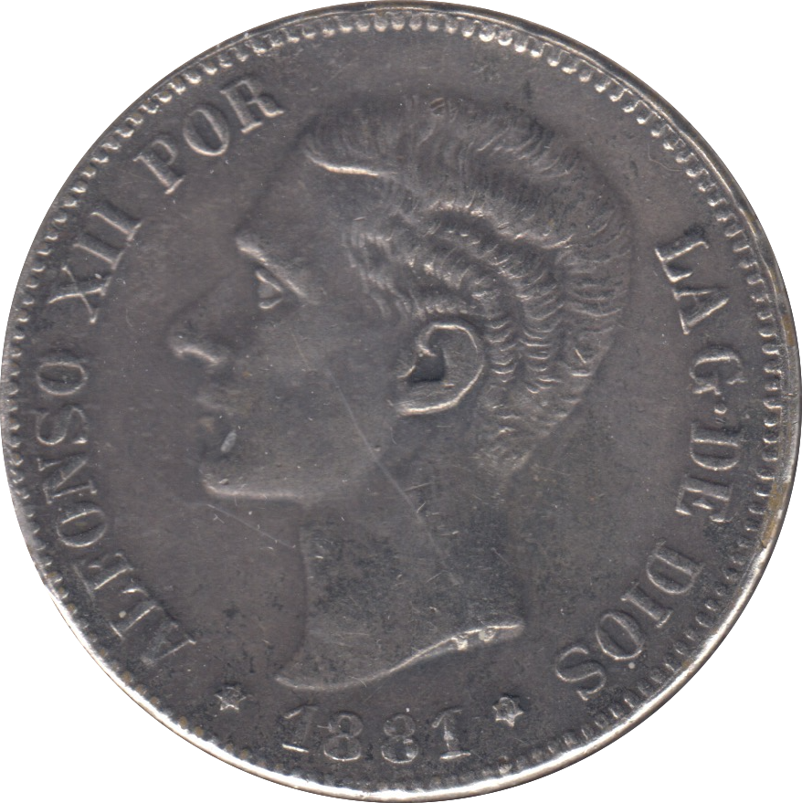1881 SILVER SPAIN 5 PESTAS