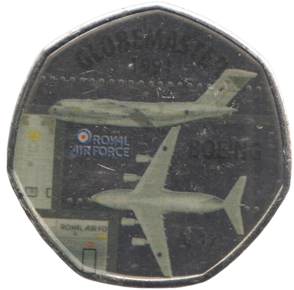 2016 50P SHAPED MEDALLION GLOBEMASTER 1991