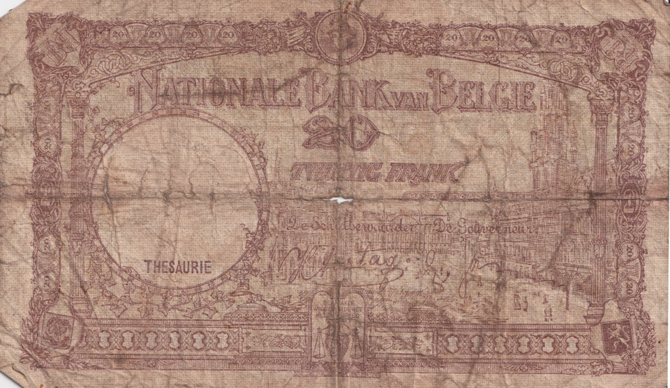 1940 BELGIUM 20 FRANCS BANKNOTE REF-1701