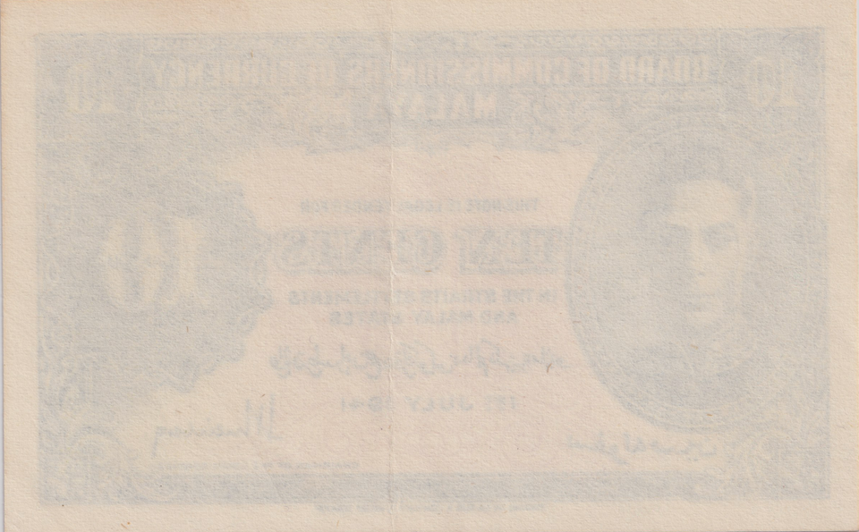 1941 TEN CENTS MALAYA BANKNOTE REF-1832