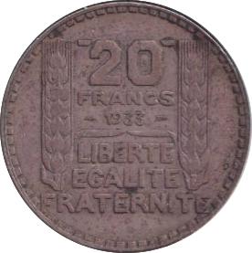 1933 SILVER FRANCE 20 FRANCS