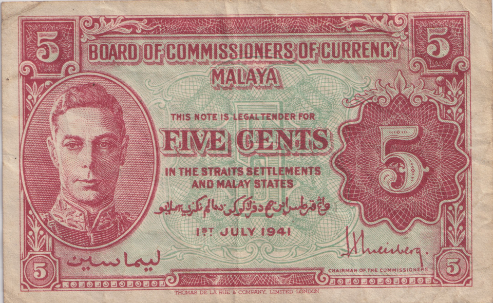 1941 FIVE CENTS MALAYA BANKNOTE REF-1830