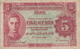 1941 FIVE CENTS MALAYA BANKNOTE REF-1830